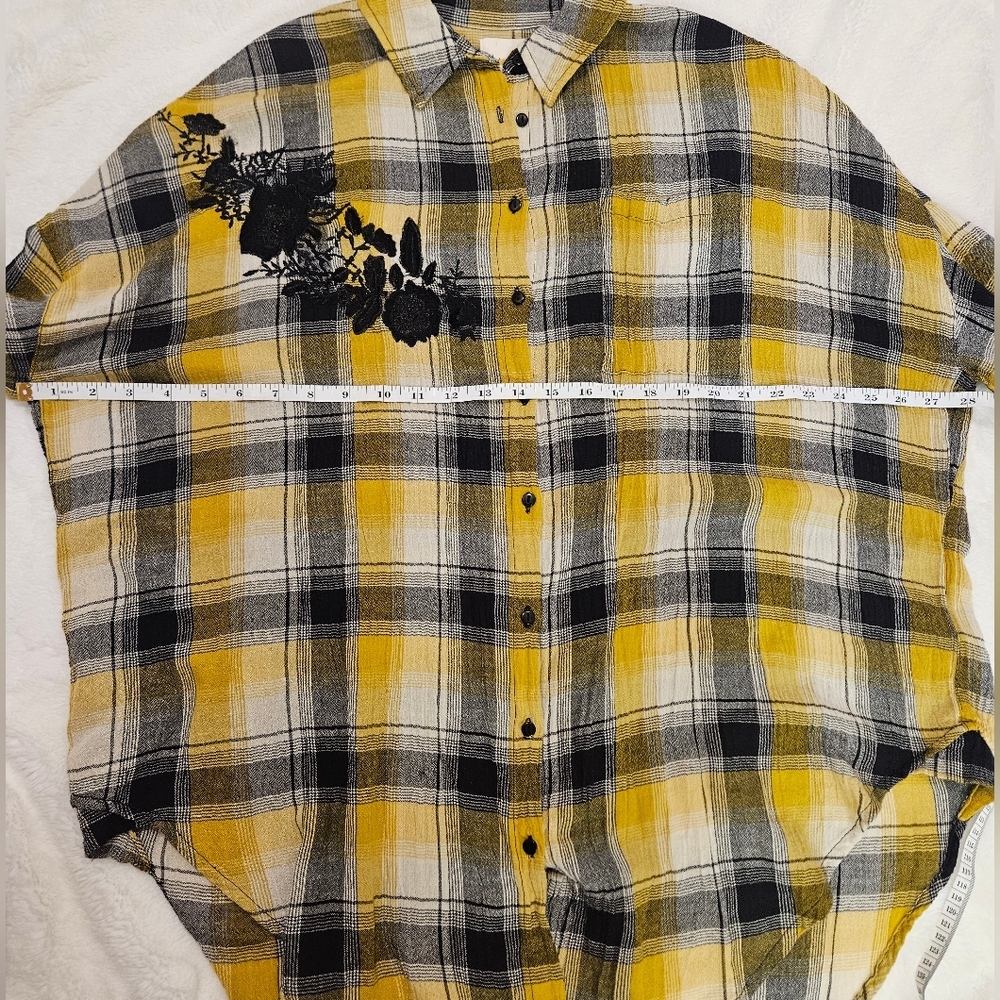 Anthropologie Maeve Embroidered Plaid Buttondown Oversized Tunic Shirt Size XS/S - Picture 10 of 13